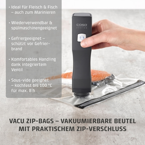 Vacuum sealer with bags, ideal for meat and fish, reusable and dishwasher safe.