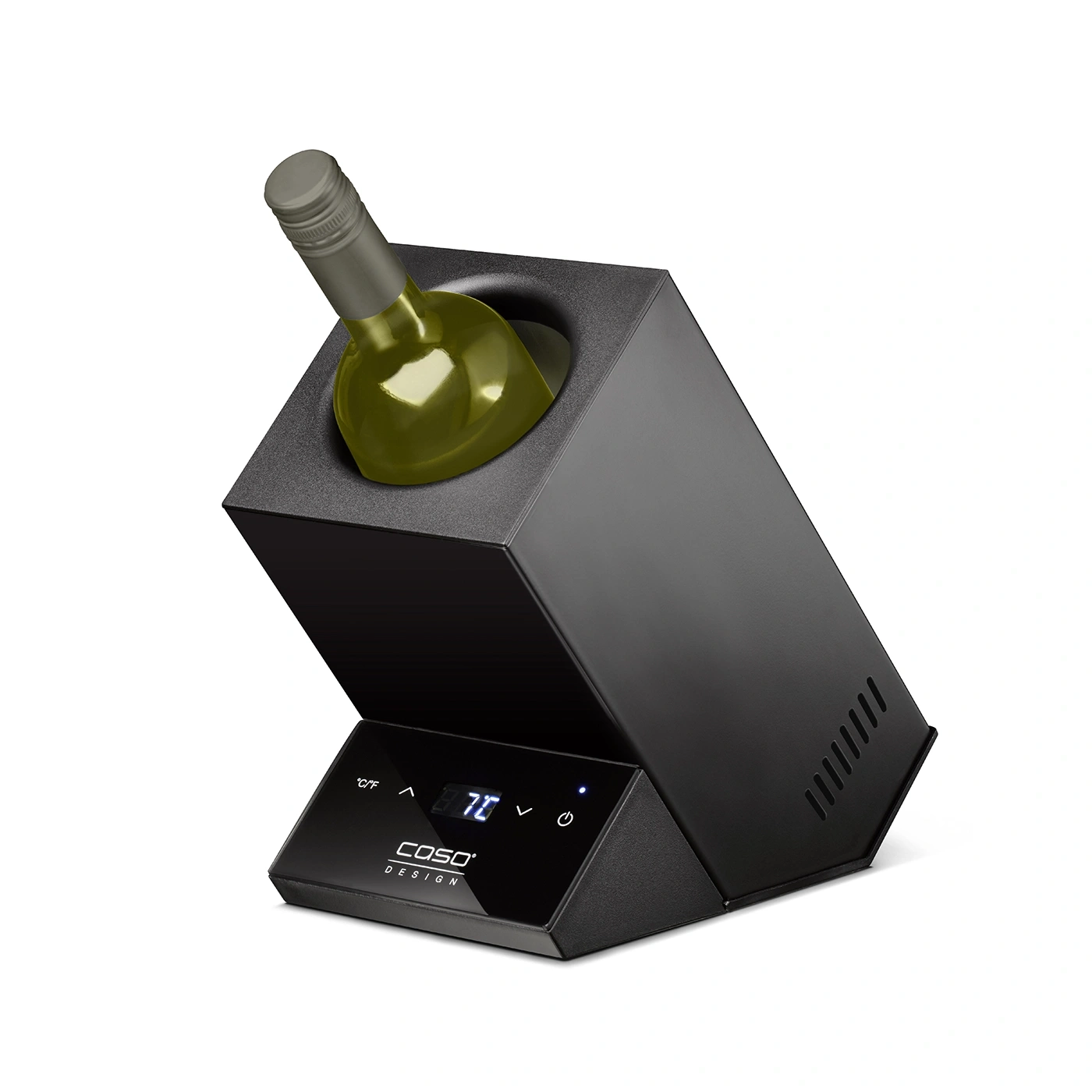 Black wine cooler with a wine bottle, temperature display, and design