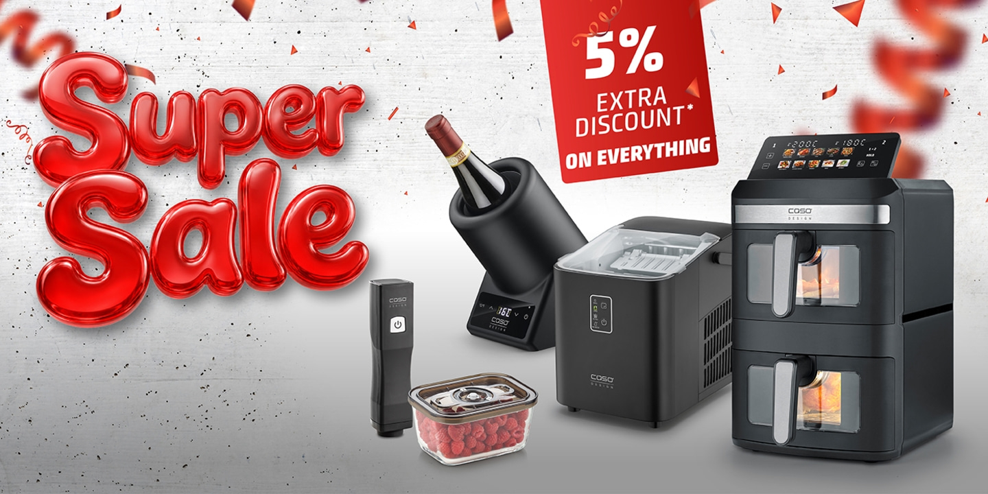 Super Sale with 5% extra discount on everything, showcasing kitchen appliances.