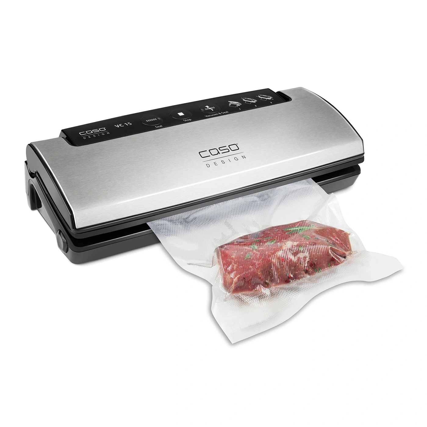 Vacuum sealer with meat in a plastic bag, silver and black design.