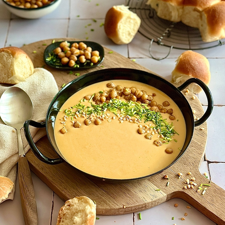Kürbissuppe mit Kichererbsen, Brot und Kräutern auf Holzbrett