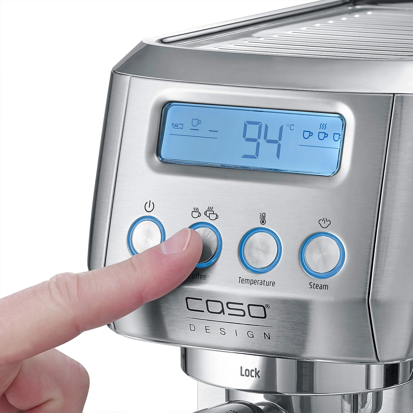Kaffeemaschine mit Finger, der eine Taste drückt, Temperaturanzeige, Caso Design, Edelstahl