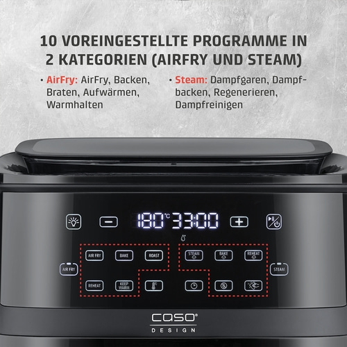 AirFry & Steam 700 3 cooking methods in one appliance - steam cooking, hot air frying or in combination Air fryer with programs: AirFry, Bake, Roast, Reheat, Keep Warm, Steam, Regenerate, and Clean.
