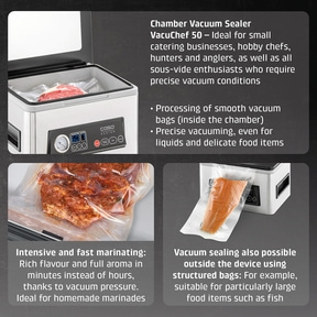 VacuChef 50 vacuum sealer: Ideal for gastronomy, hobby chefs, hunters, anglers, and sous vide enthusiasts.