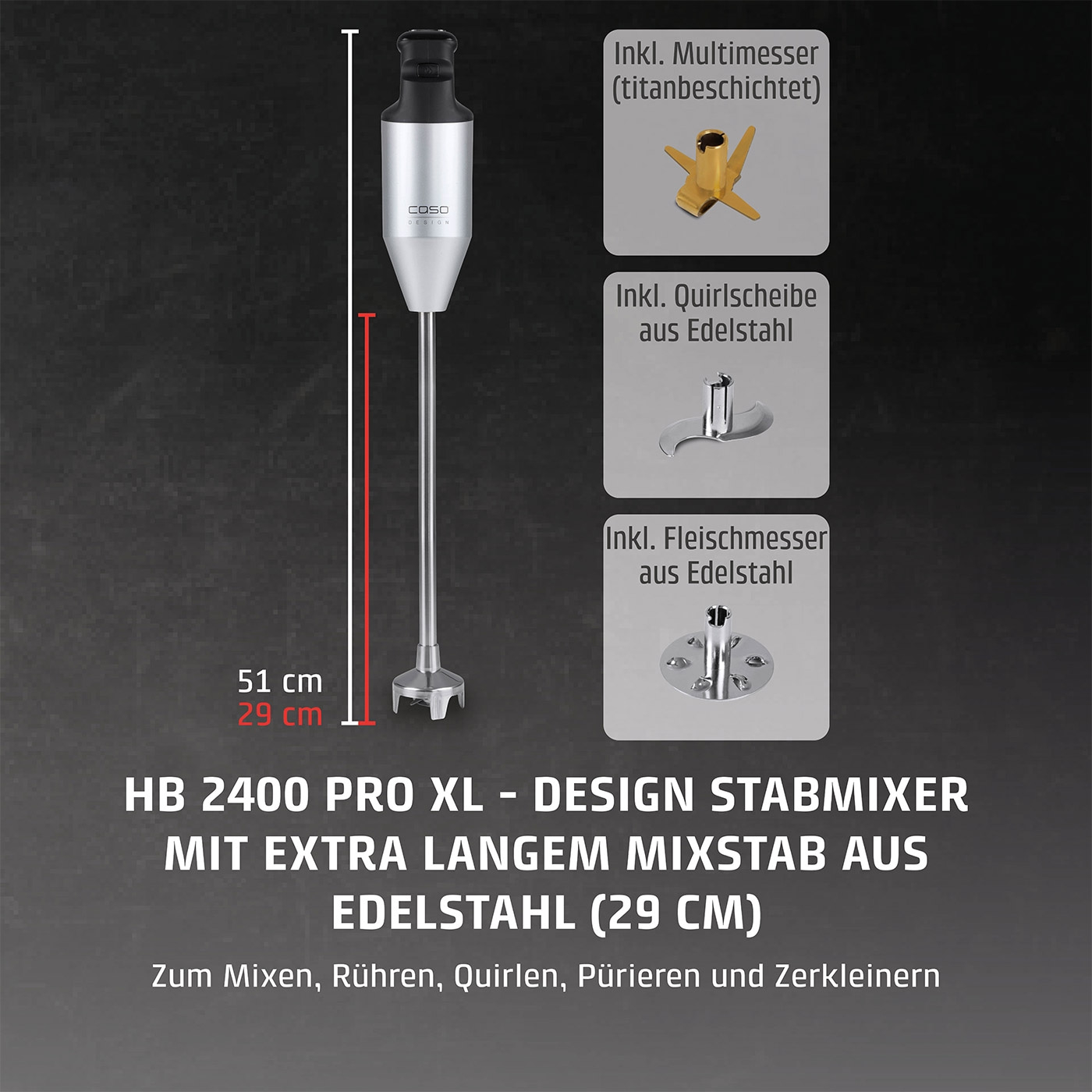Stabmixer mit Zubehör, Edelstahl, 29 cm Mixstab, zum Mixen, Rühren, Pürieren und Zerkleinern