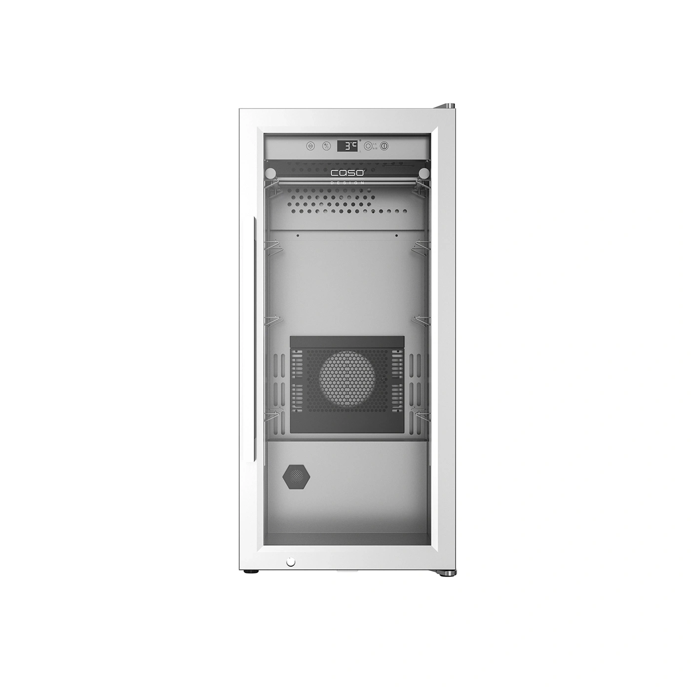 Weißer Kühlschrank mit Glasfront und Temperaturanzeige, Caso Design.