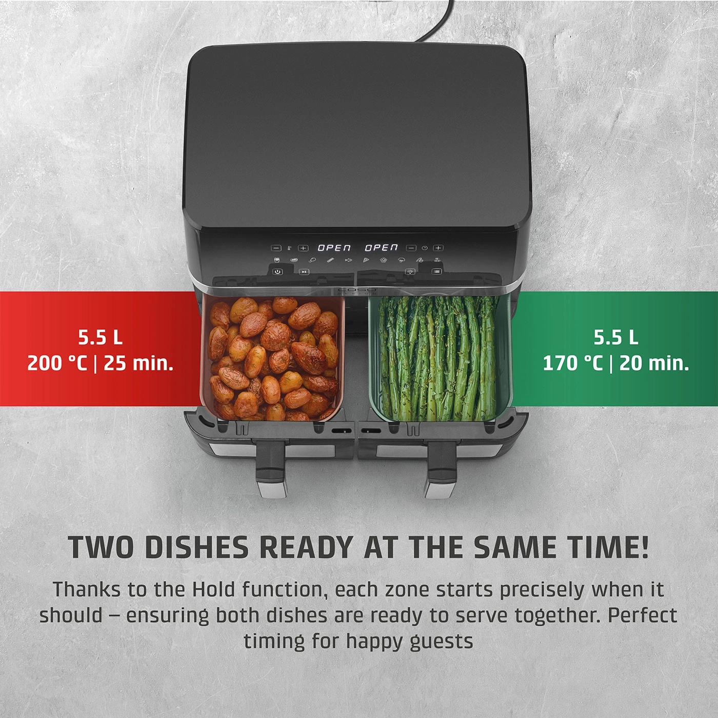 Dual air fryer with two dishes at once, 5.5 liters, 200°C/25min, 170°C/20min, HOLD function