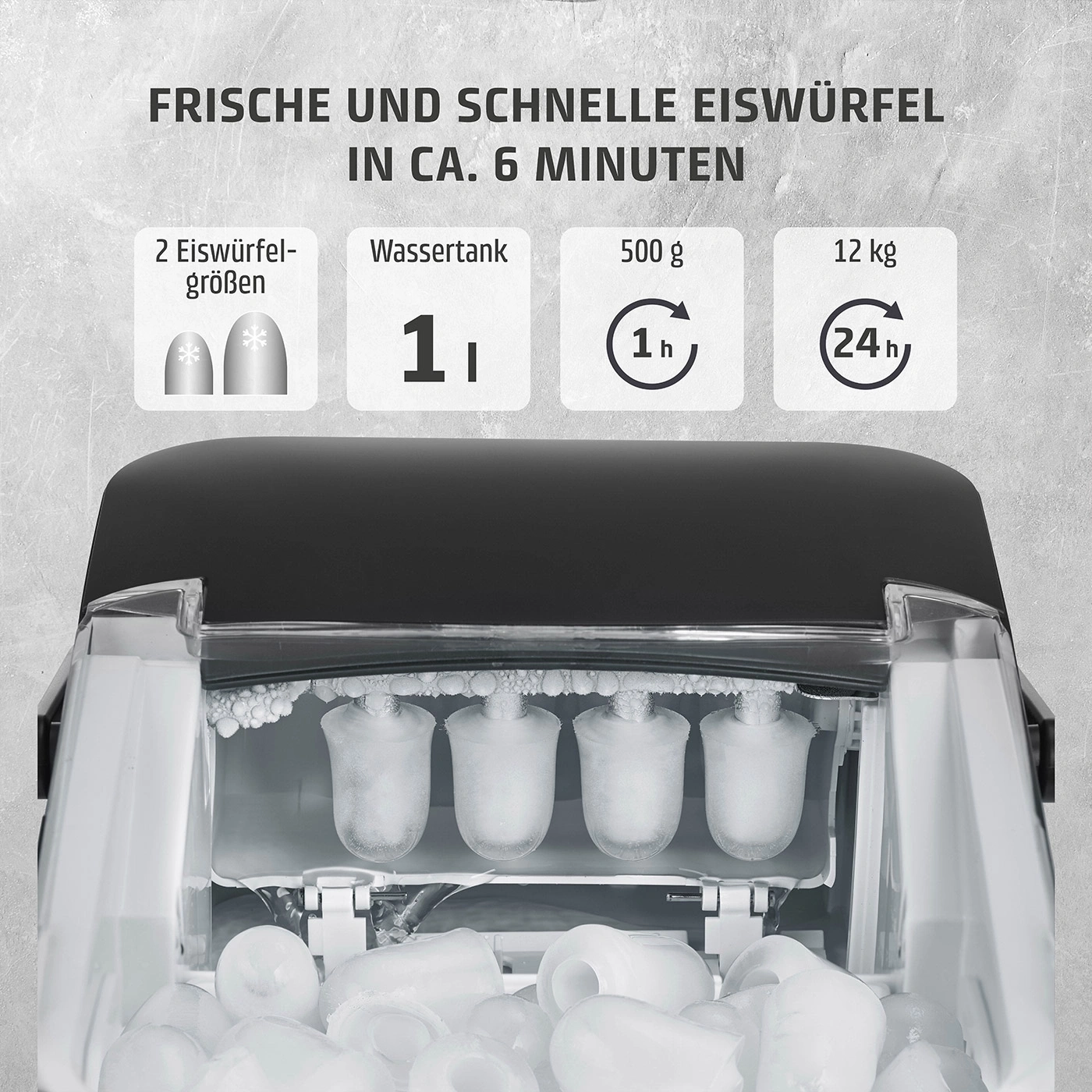 Eiswürfelmaschine mit 2 Eiswürfelgrößen, 1 Liter Wassertank, 500g/h, 12kg/24h.