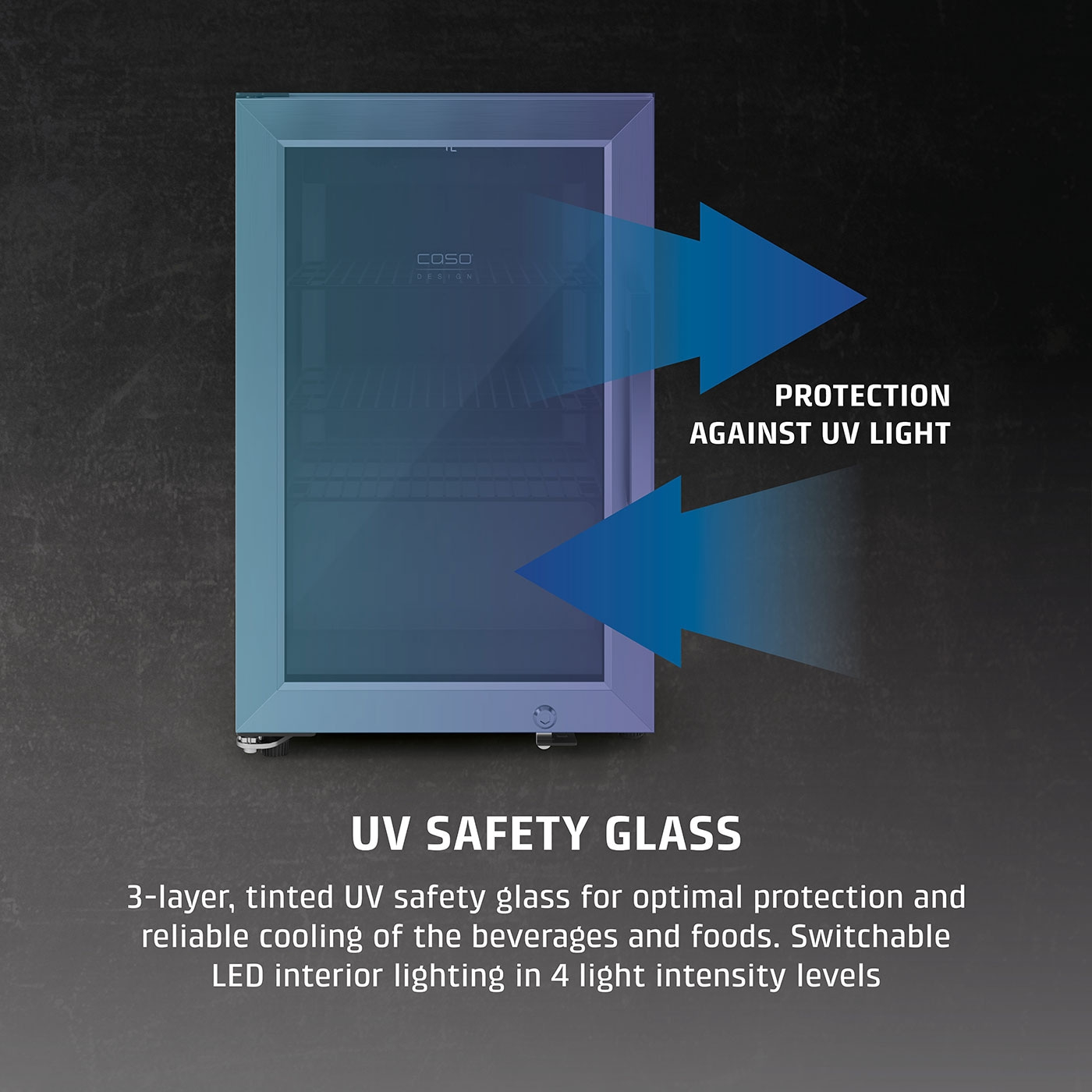 Refrigerator with UV-protective glass, blocks UV light, LED interior lighting, 3-layer, tinted.