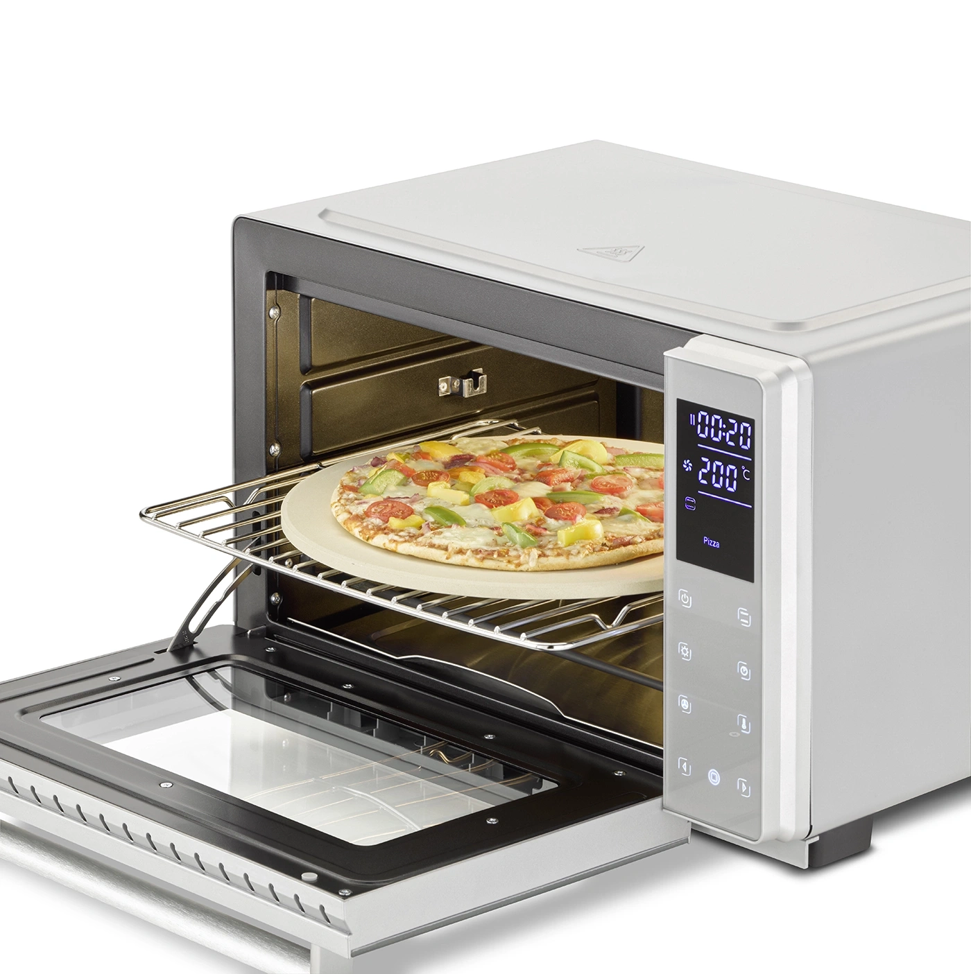 Pizza in oven, with temperature display and control panel, ready to bake.