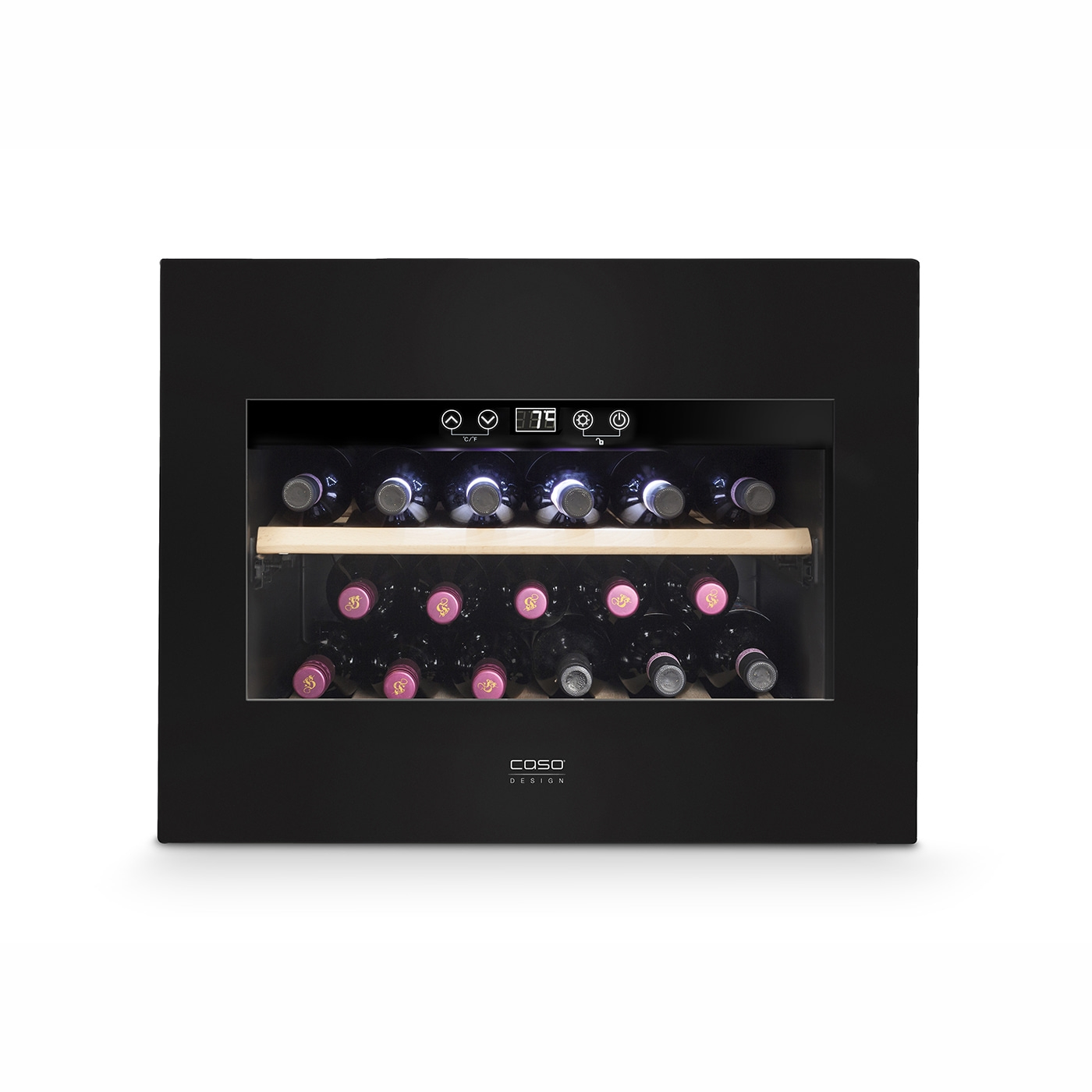 Black wine cooler with wine bottles and temperature display, COSO Design.