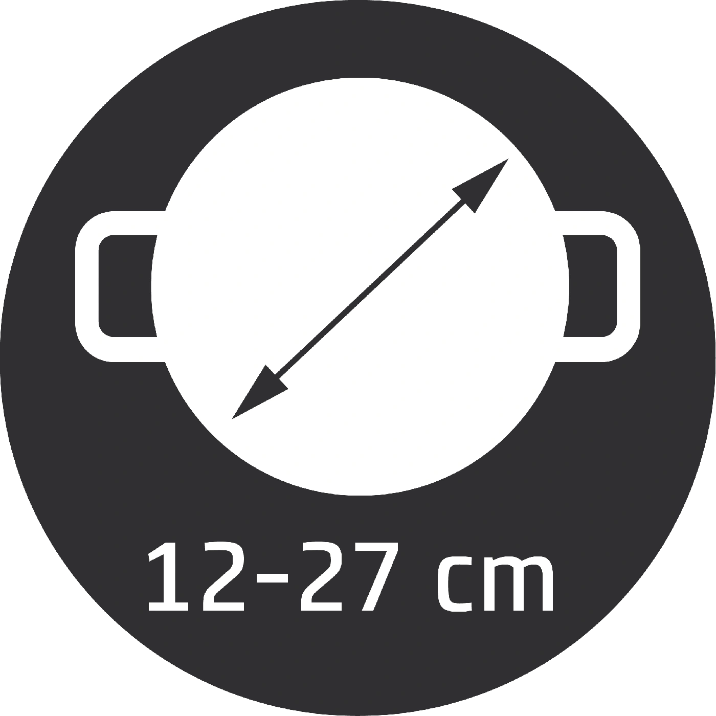 Cookware size indicator: Diameter from 12 to 27 cm, suitable for various cooking needs.