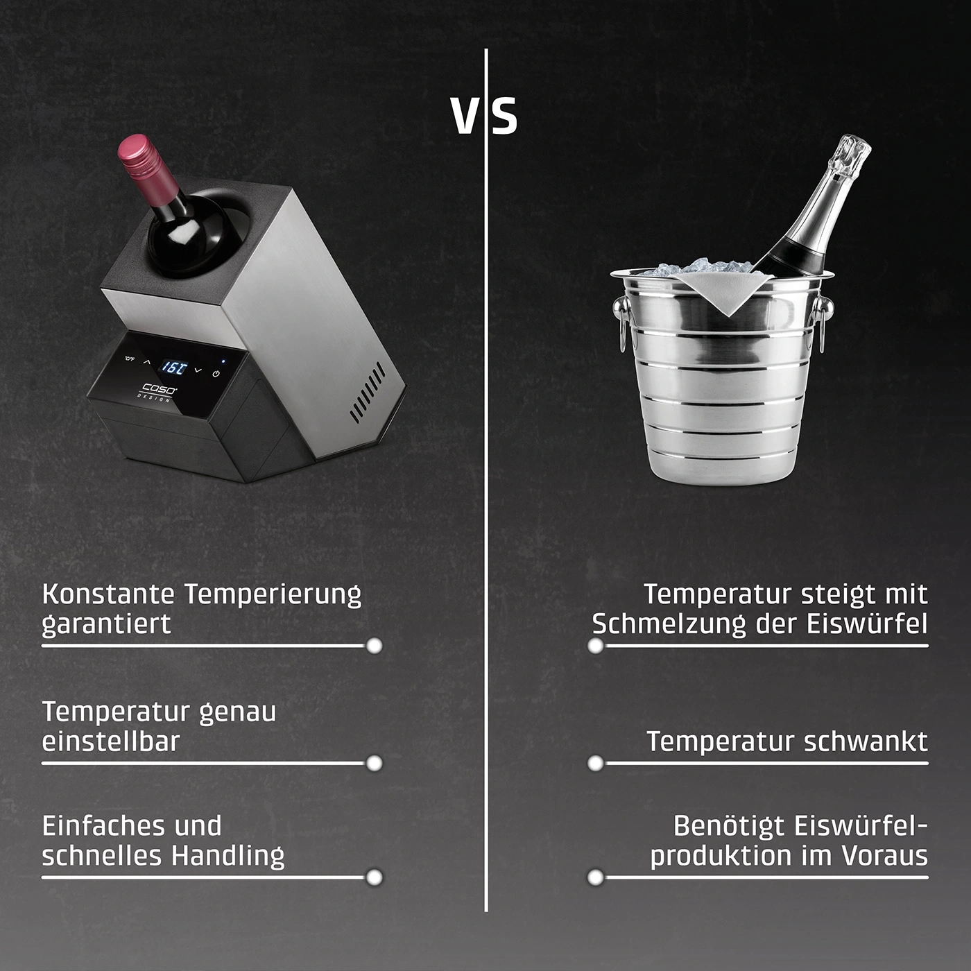 Wein-Kühler vs. Eiskübel: Konstante Temperatur vs. Temperatur-Schwankung.