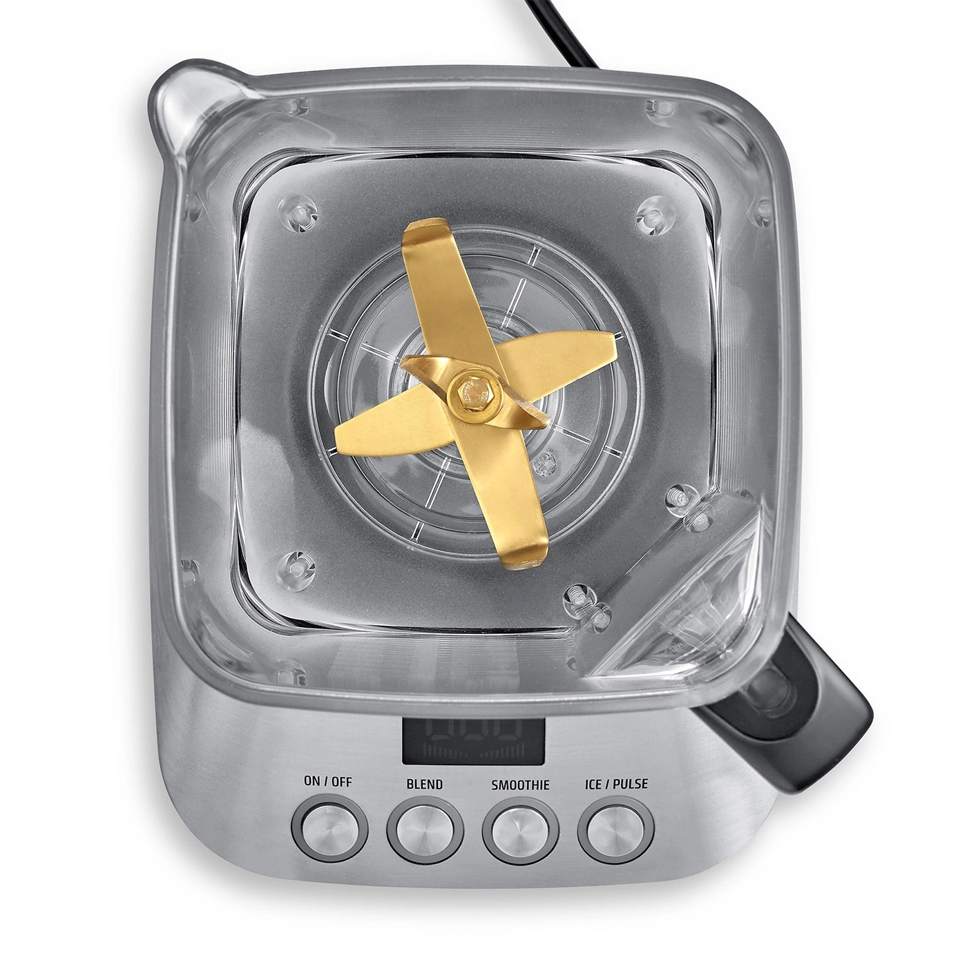 Top view of a powerful blender with gold blades and silver control panel