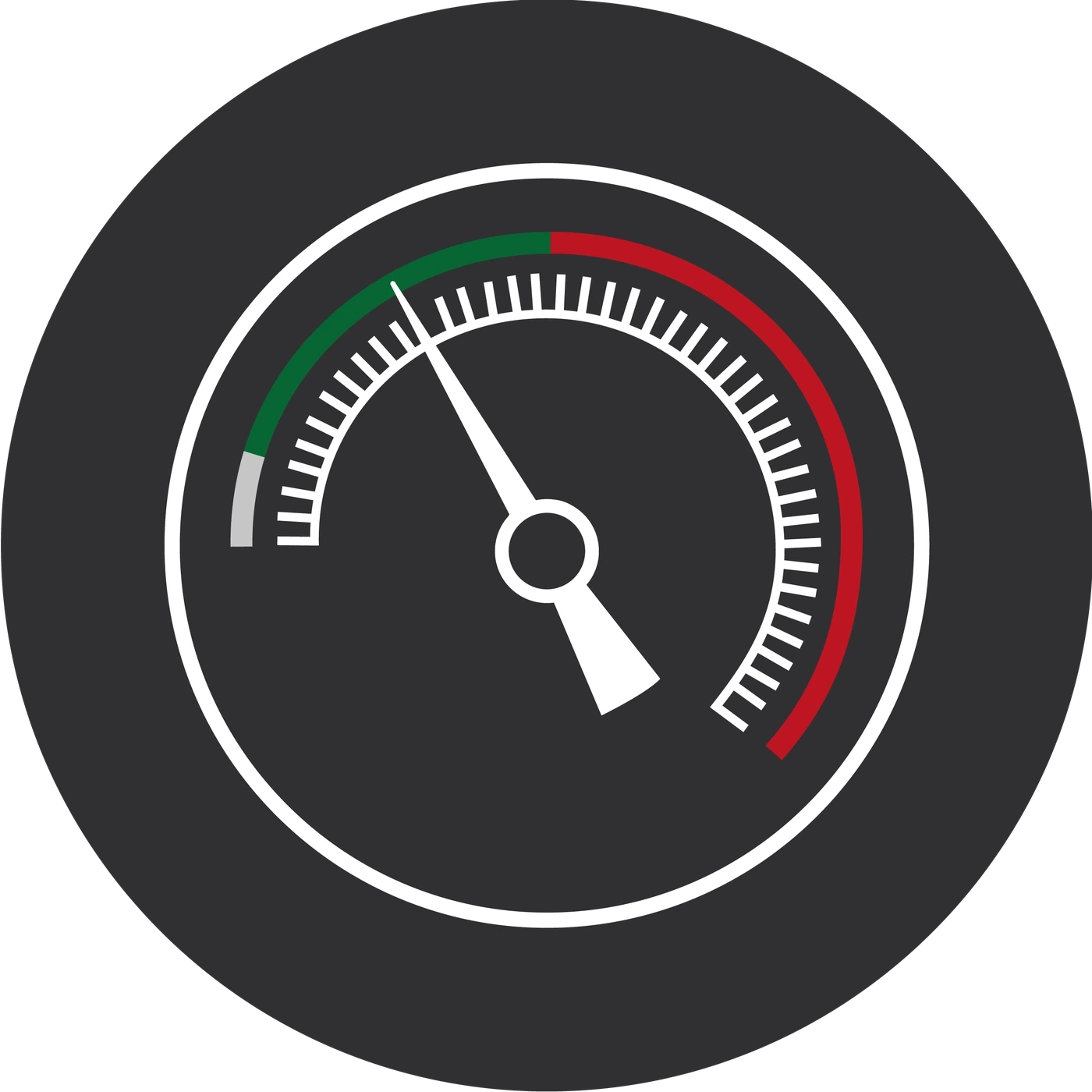Round gauge with red and green indicators and white pointer on a black background.