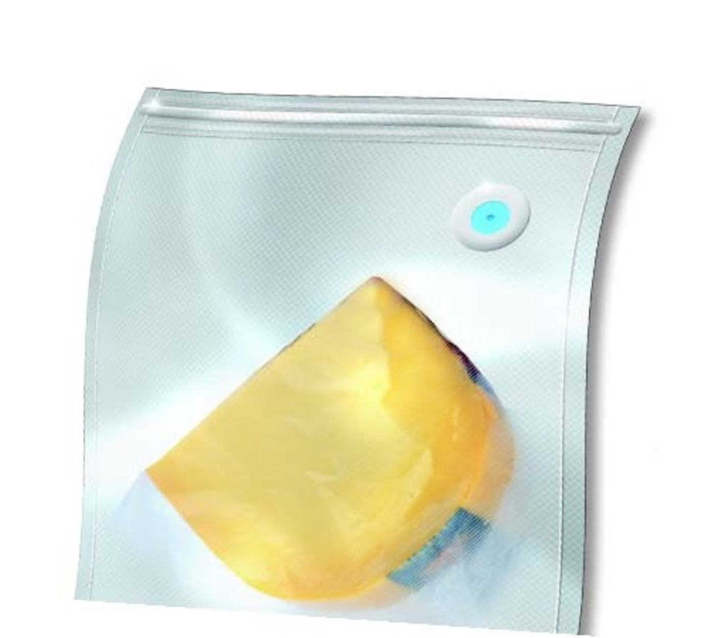 Cheese in vacuum packaging, transparent, with blue valve and zipper closure.