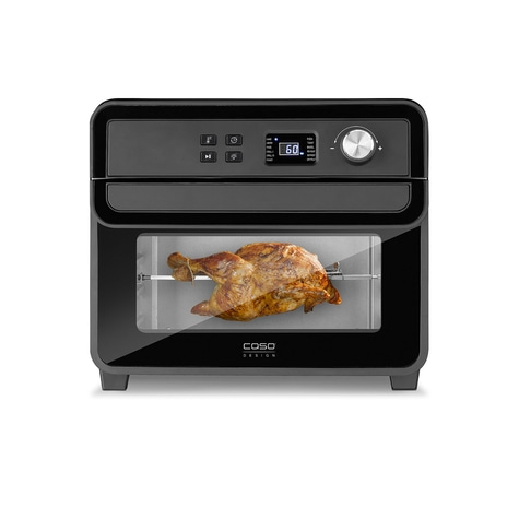 Schwarzer Ofen mit Huhn, Digitalanzeige und Drehknopf für verschiedene Kochmodi.