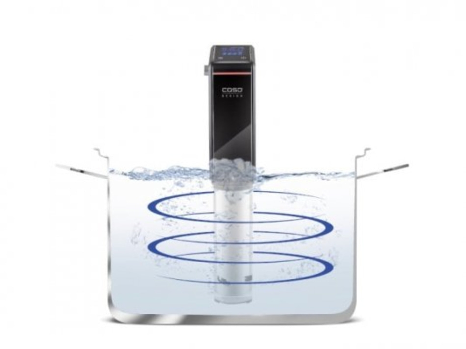 Ein Sous-vide-Garer mit digitale Anzeige in einem Topf mit Wasser, der das Wasser zirkuliert.