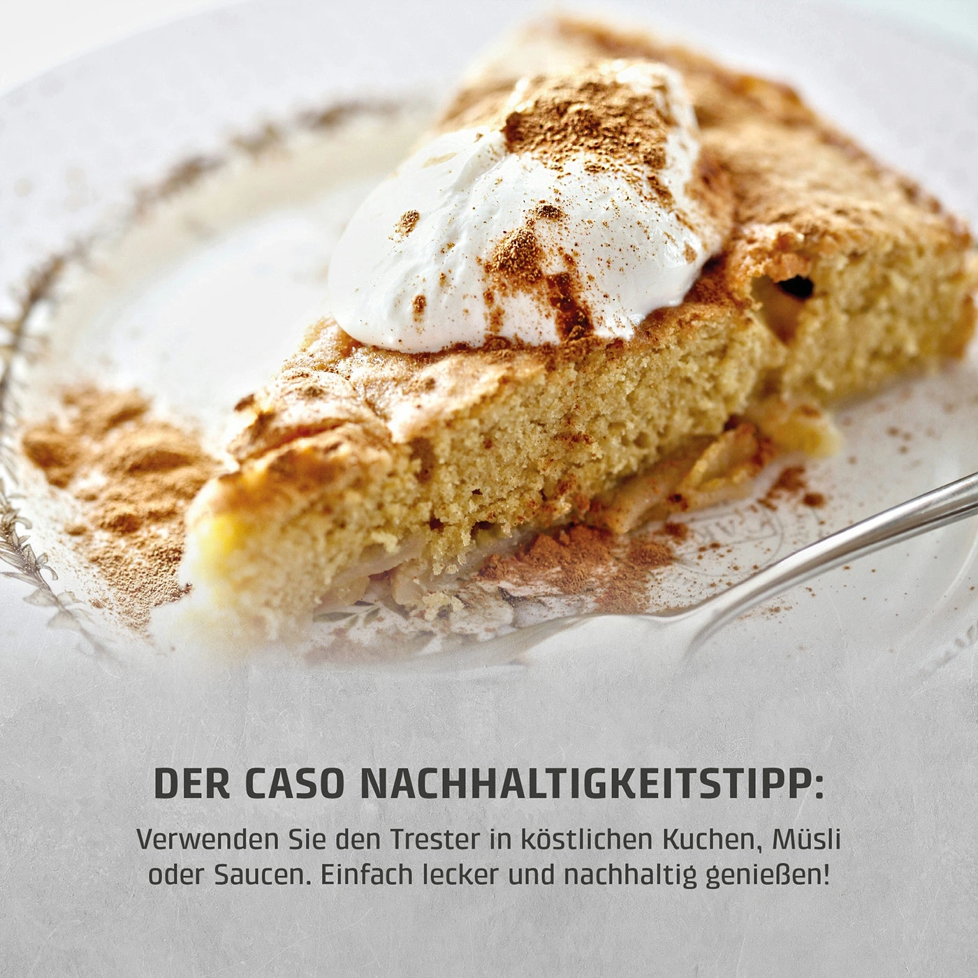 Ein Stück Apfelkuchen mit Sahne und Zimt bestreut auf einem Teller.