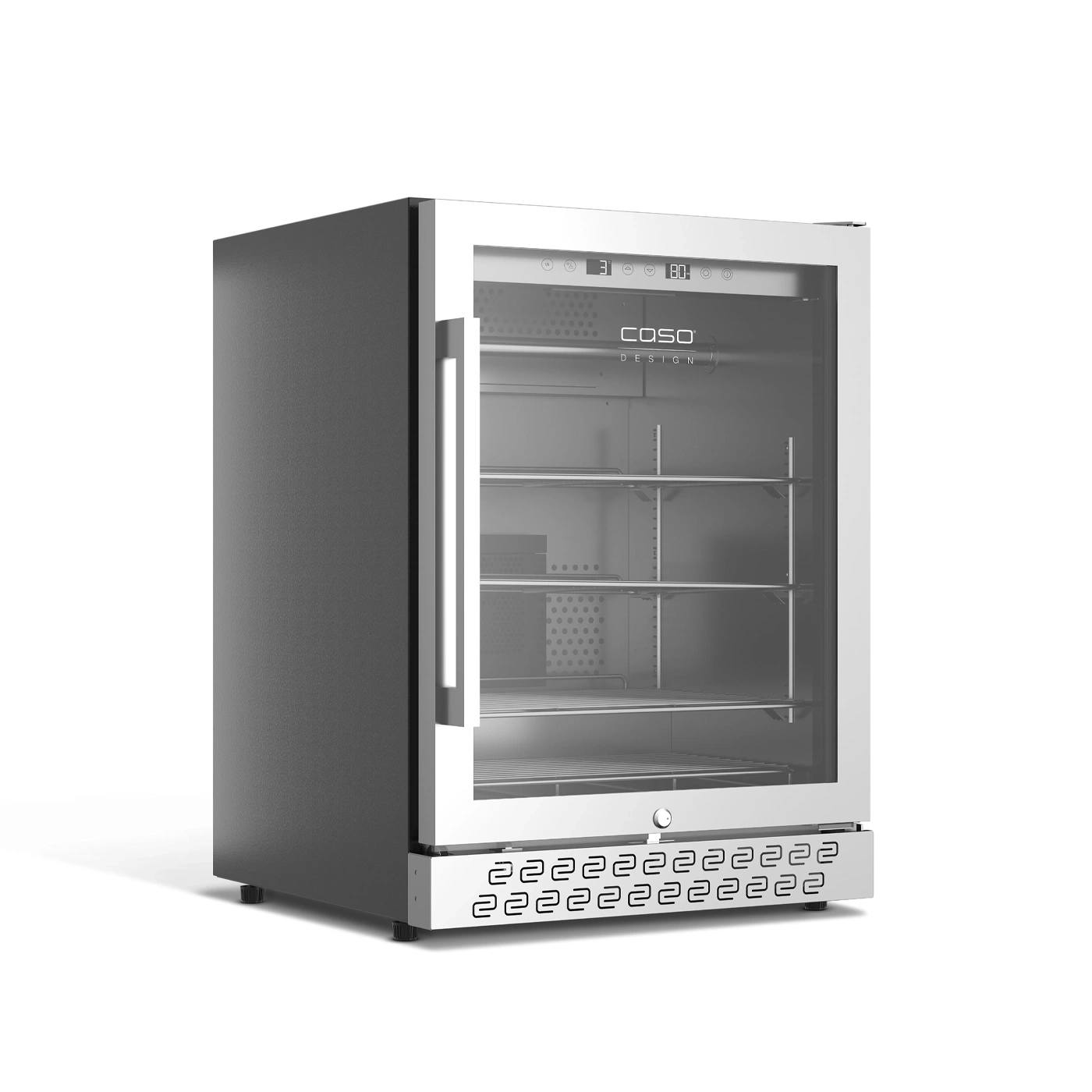 Refrigerator with glass front, stainless steel, Caso Design, beverage cooler, temperature display