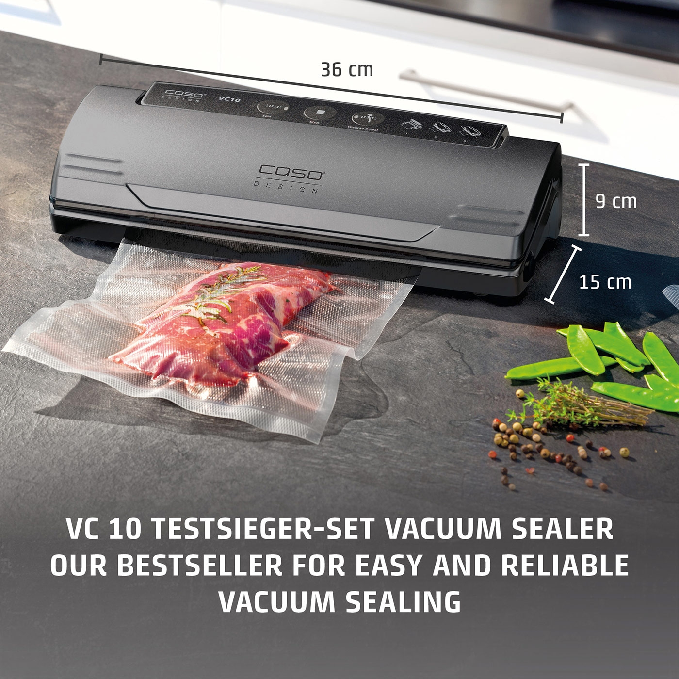 Vacuum sealer VC 10, 36 cm long, 9 cm high, 15 cm wide, with meat and vegetables.