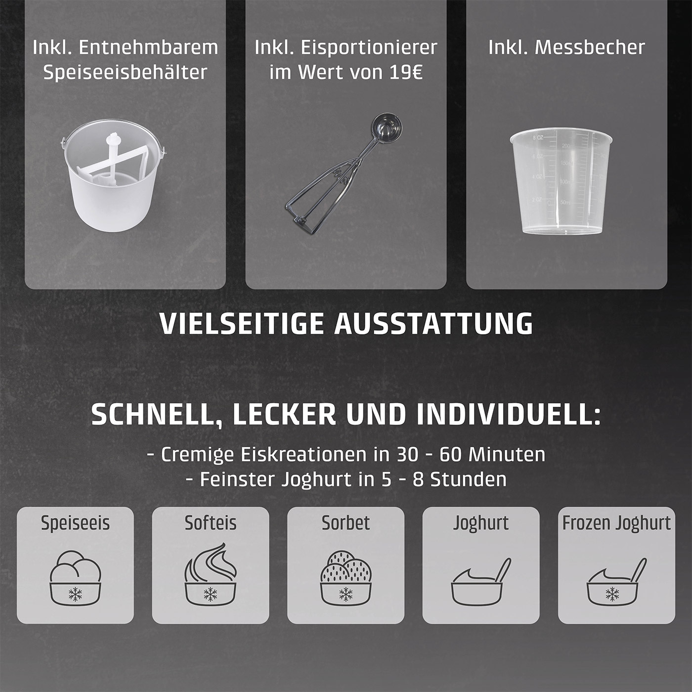 Eiscreme-Maschine mit Zubehör: Behälter, Portionierer, Messbecher, Eis, Joghurt.