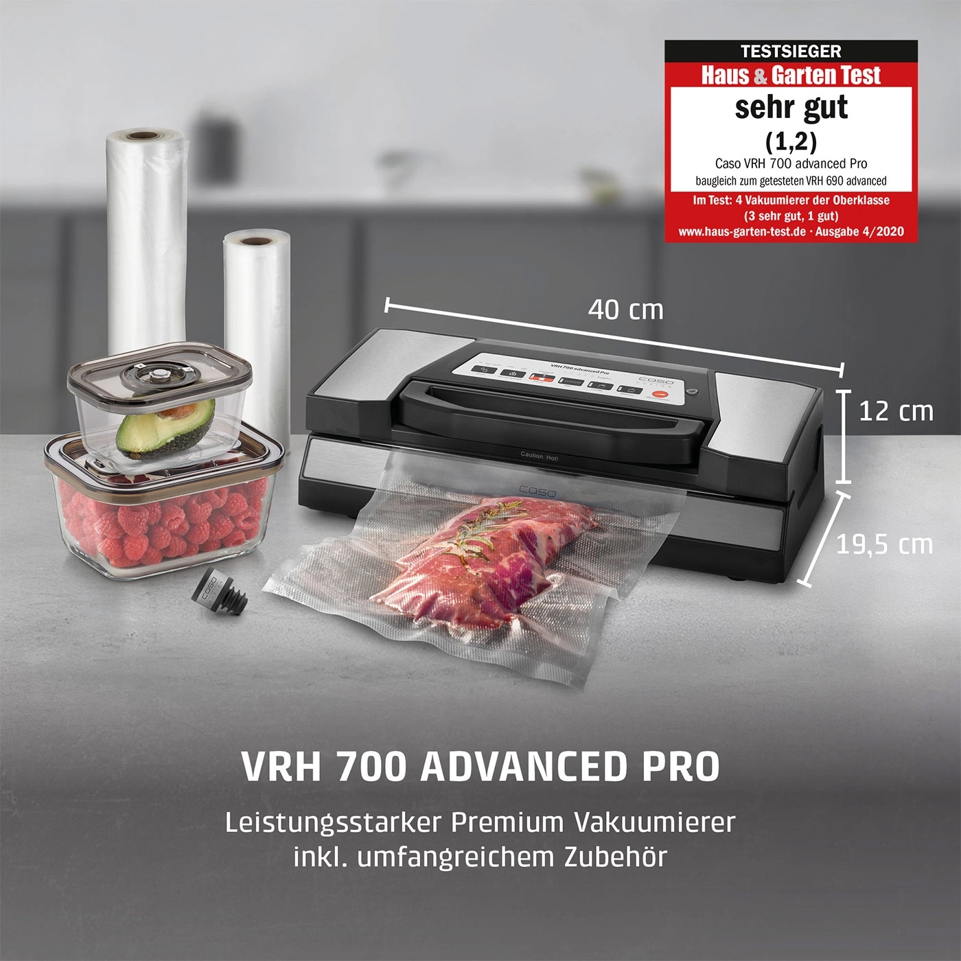 Ein Caso VRH 700 Advanced Pro Vakuumierer mit Zubehör und Maßen.
