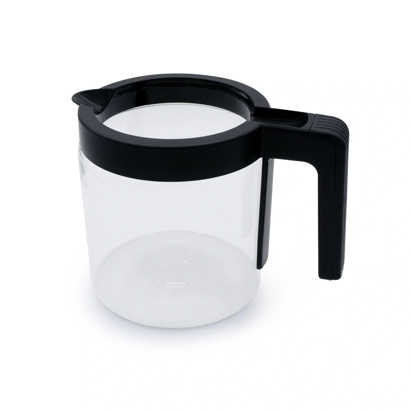 Glass coffee pot with black handle and lid, isolated on white background