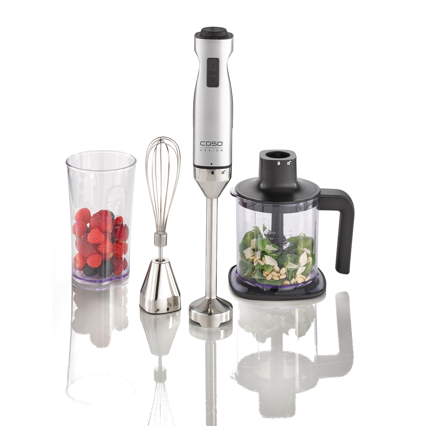 Hand blender set with accessories, berries, herbs and nuts, stainless steel design
