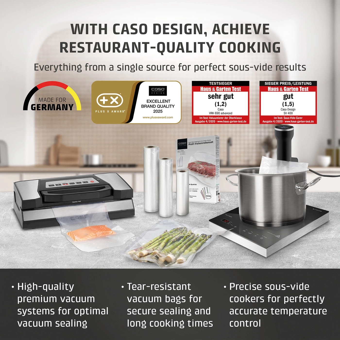 Vacuum sealer, Sous Vide cooker, and accessories for perfect cooking results.