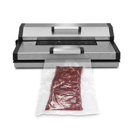 Vacuum sealer with meat in a bag, ready for vacuum sealing process.