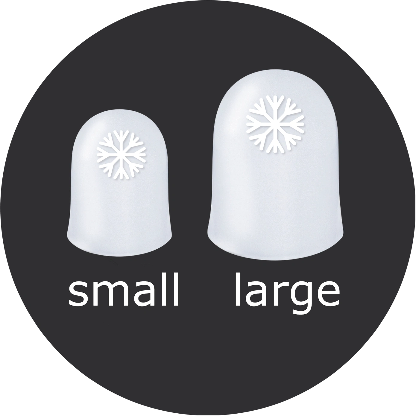 Two white finger cots with snowflake design, labeled 'small' and 'large' on a black background.
