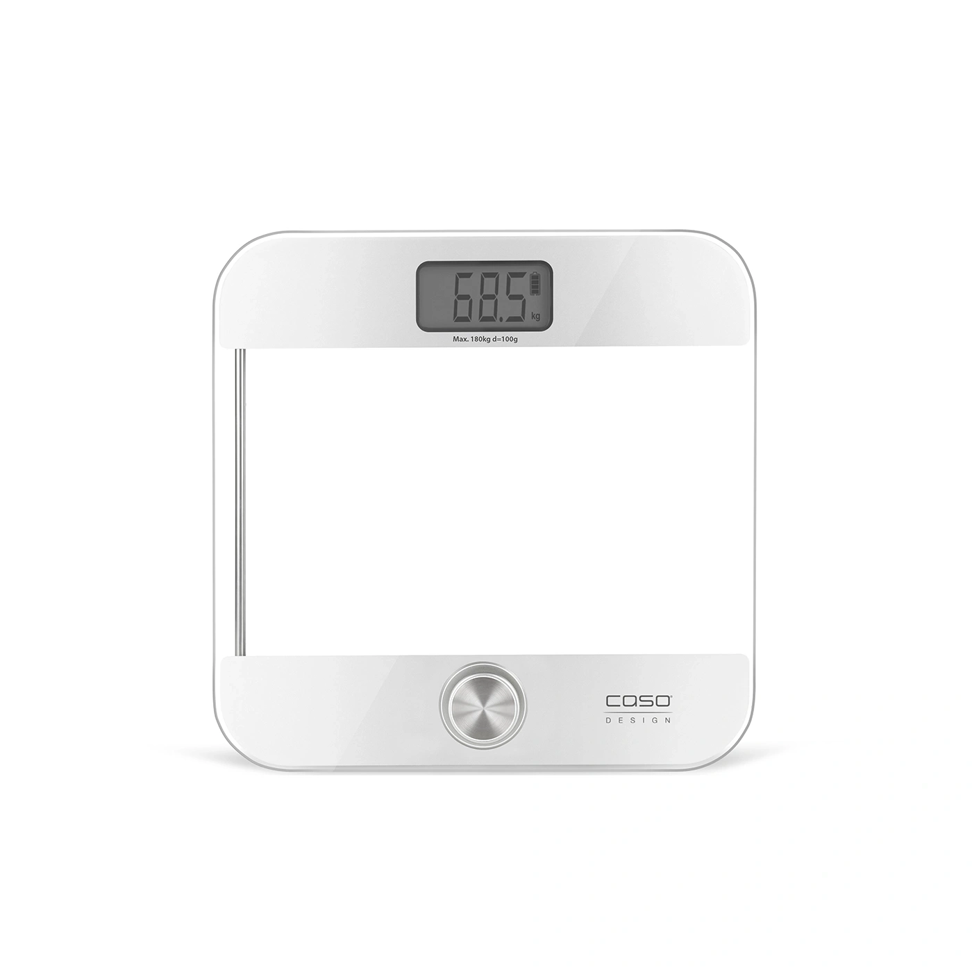 White digital bathroom scale showing 68.5 kg, Caso Design, modern design.