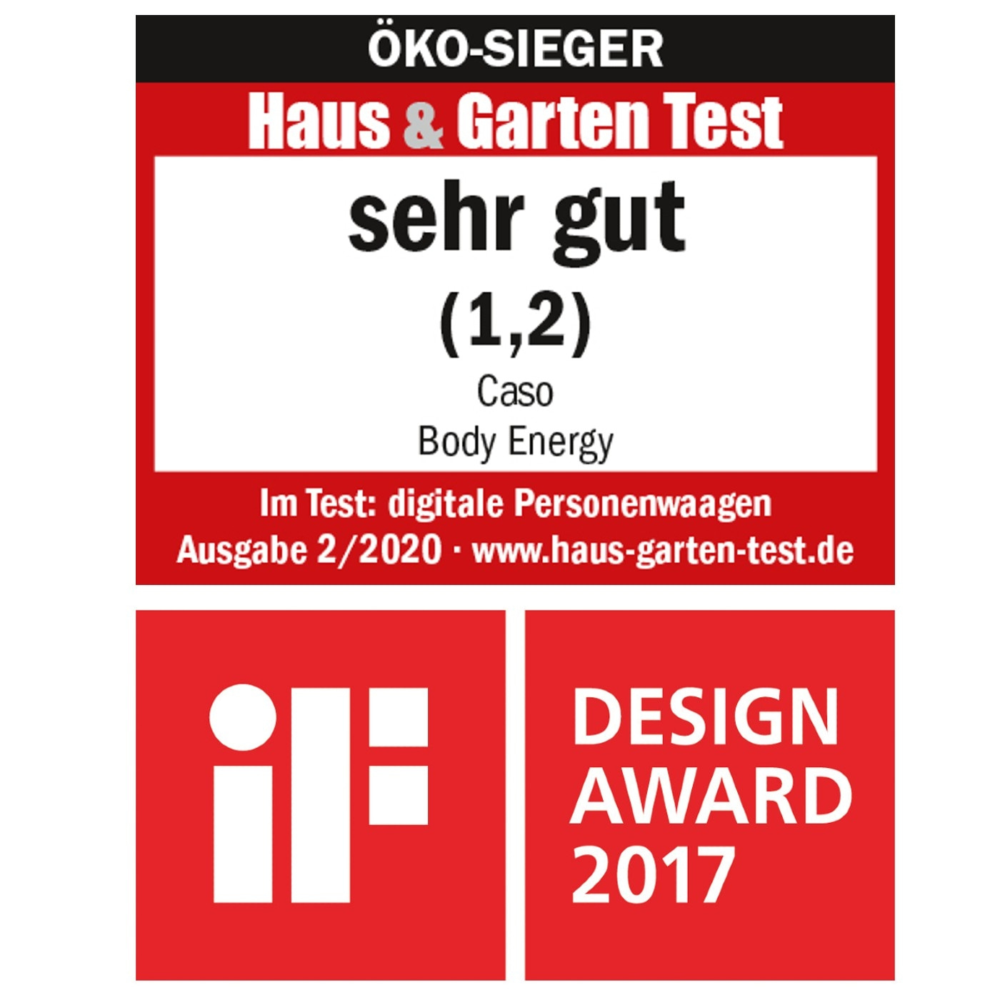 Öko-Sieger Haus & Garten Test, sehr gut (1,2), Caso Body Energy, Design Award 2017