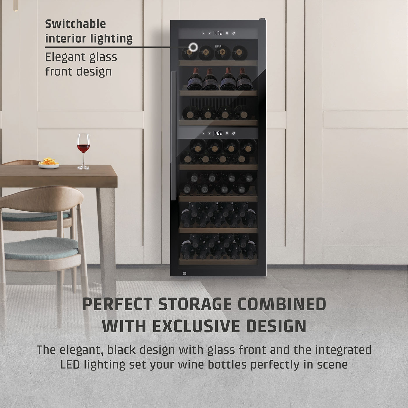 Wine cooler with glass front, interior lighting, and elegant design for perfect wine storage.