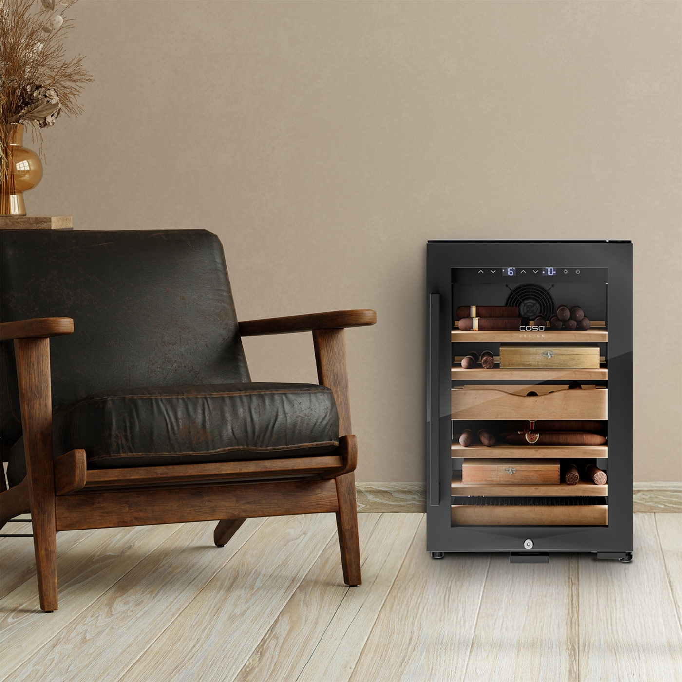 Cigar cooler next to an armchair in a living room with wooden floor.