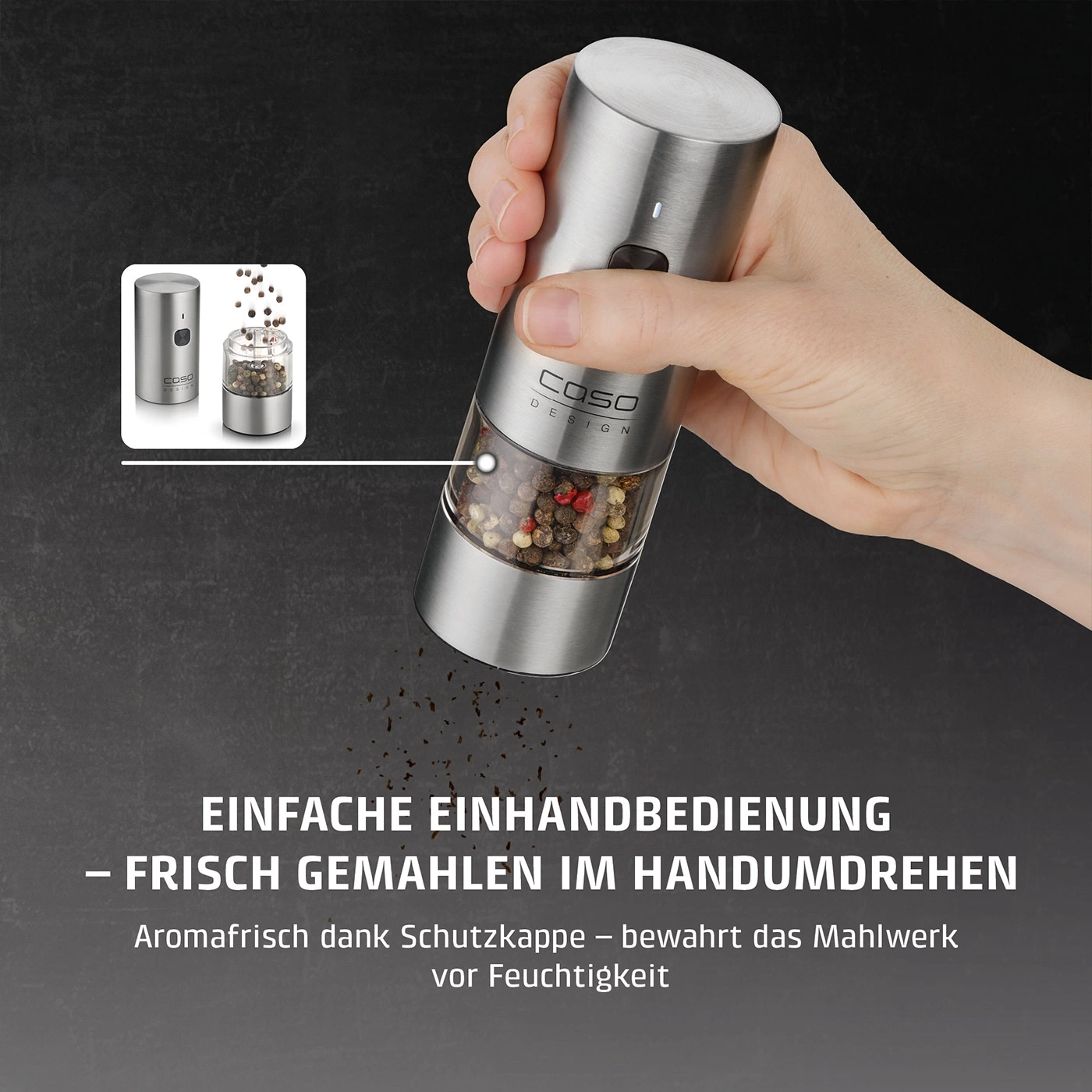 Elektrische Pfeffermühle mit Gewürzen und Text