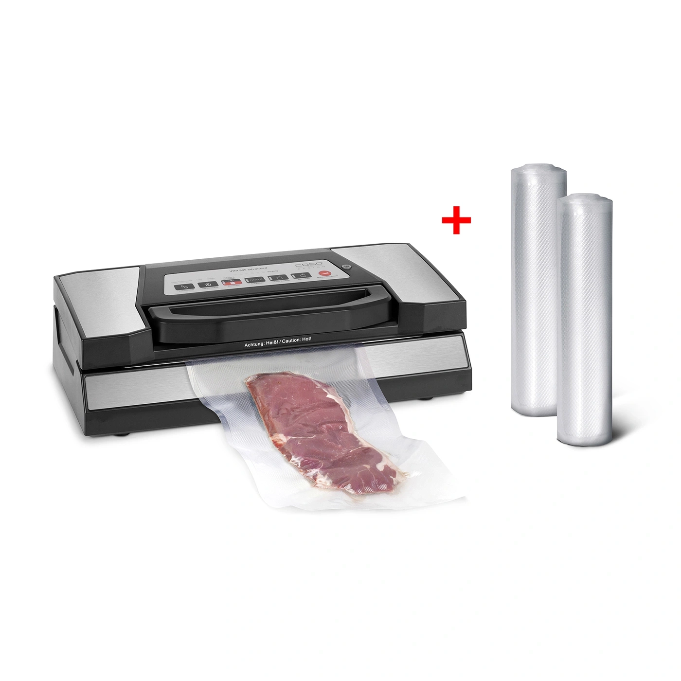 Vacuum sealer with meat and rolls. Caution: Hot!