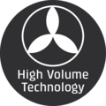 Logo mit Text 'High Volume Technology' in einem Kreis, mit einem Propeller-Symbol.