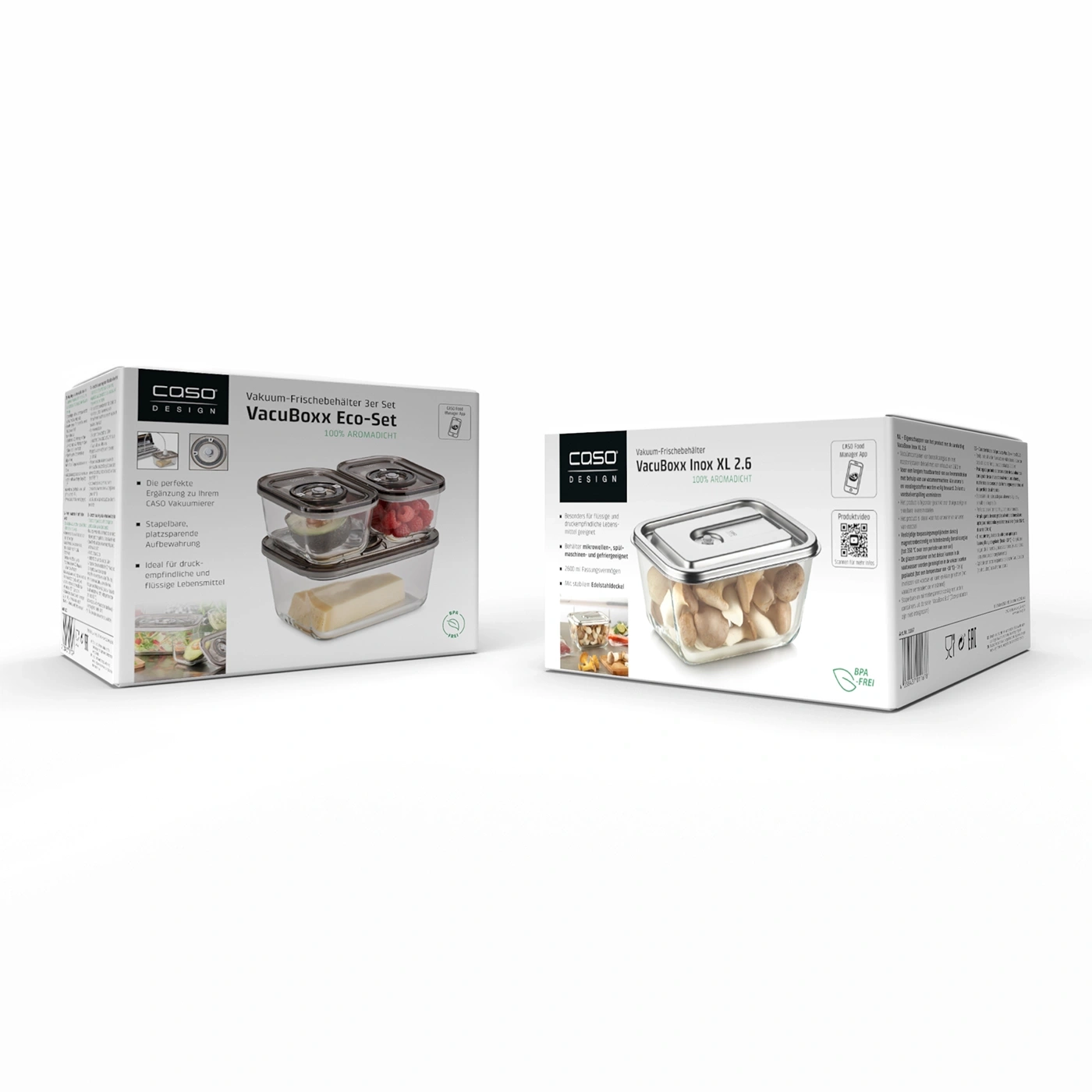 Caso vacuum fresh containers, Eco-Set and Inox XL 2.6, BPA-free, stackable, airtight.