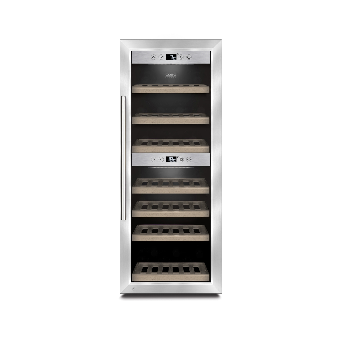 Wine cooler with temperature display, glass door, stainless steel frame, wooden shelves, Caso logo