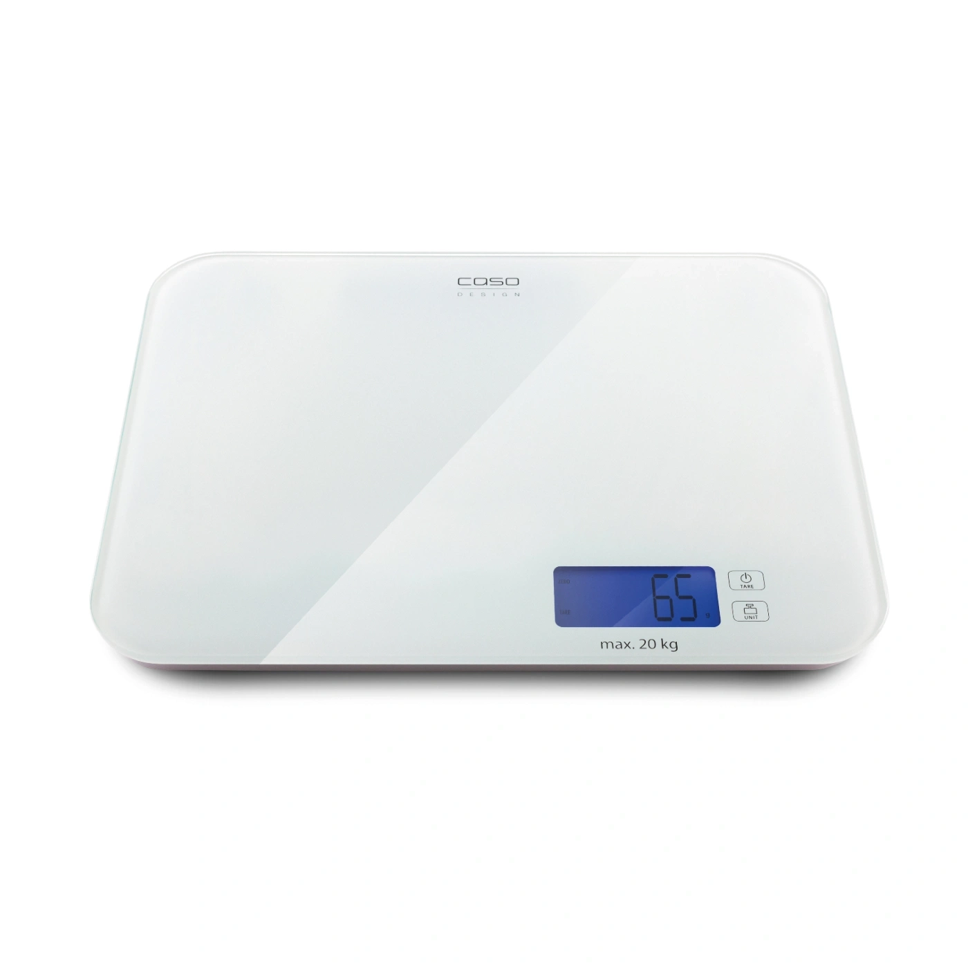 White kitchen scale with digital display, Caso Design, max. 20 kg, showing 65