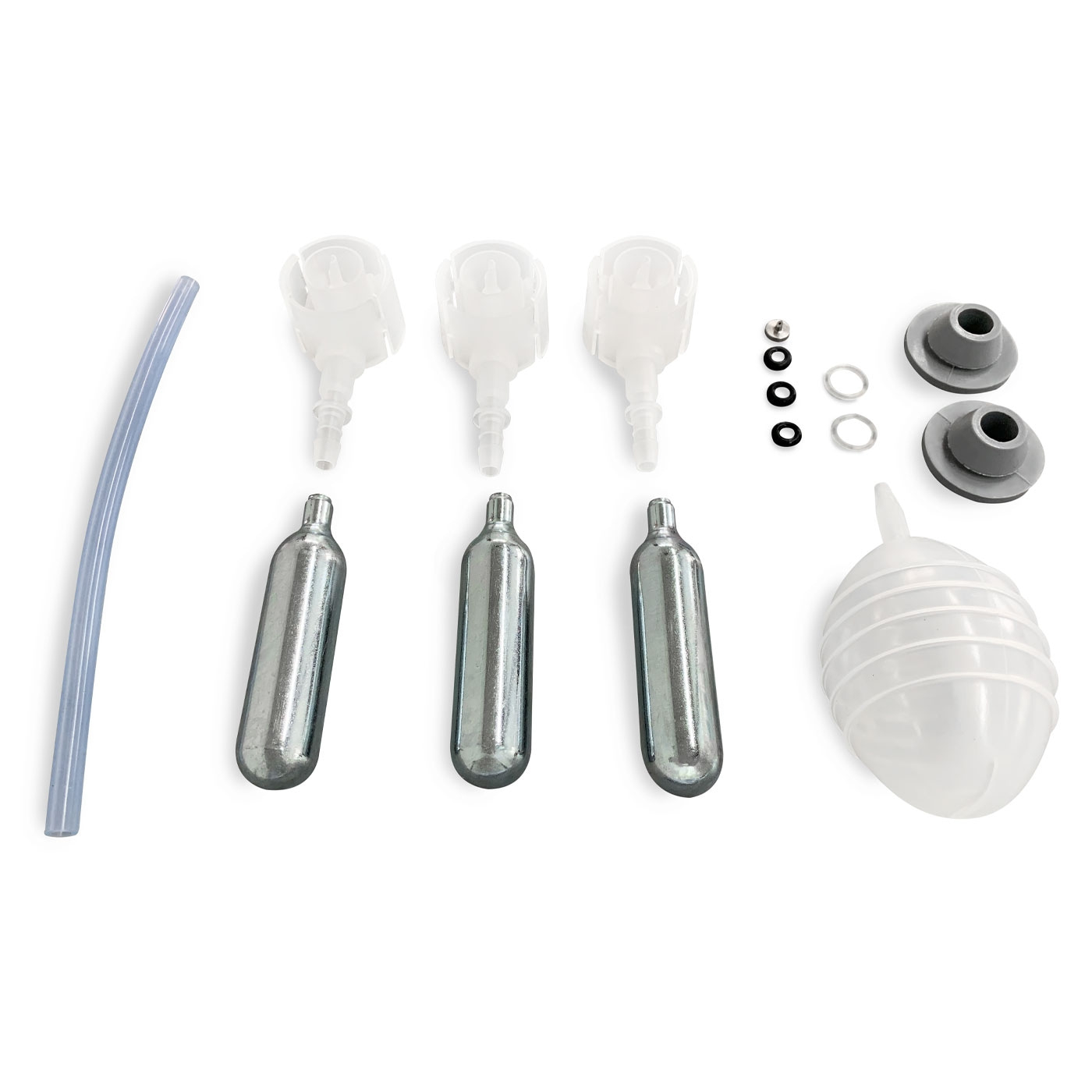Various parts of a device, including cartridges and nozzles, on a white background.