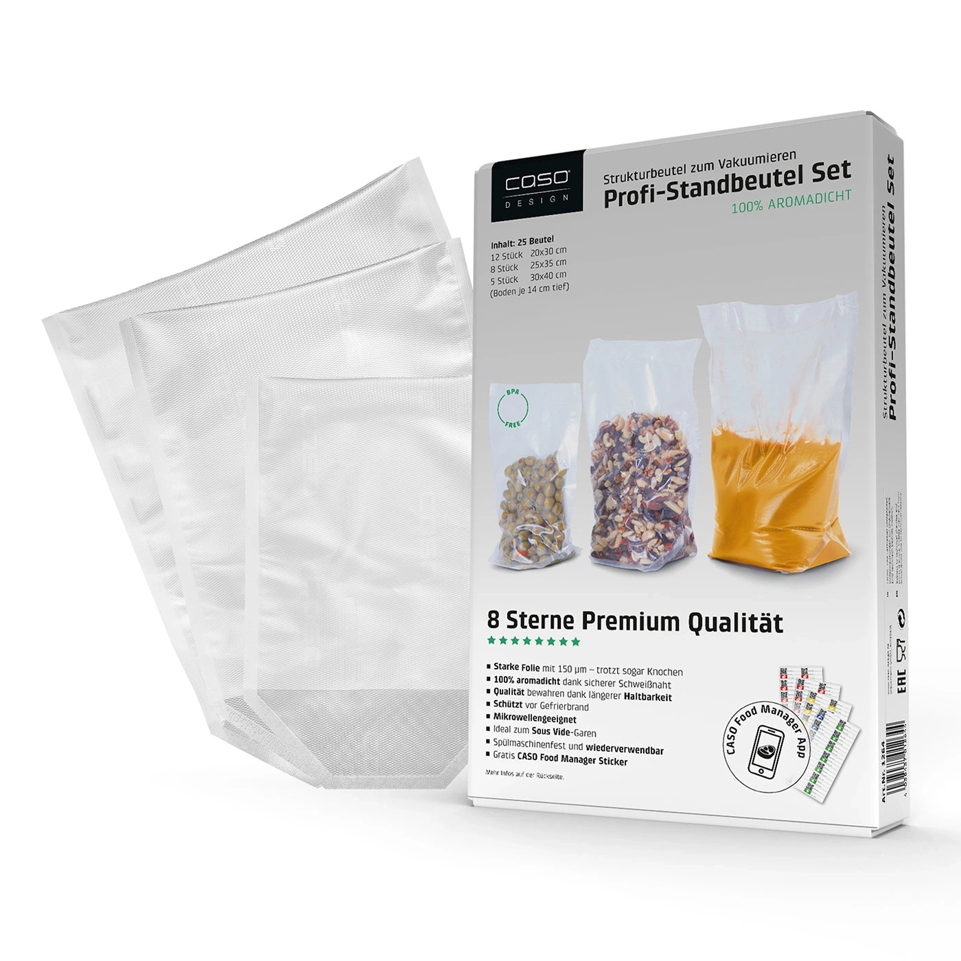 Verpackung von Vakuumbeuteln der Marke Caso mit Produktinformationen und Beispielen