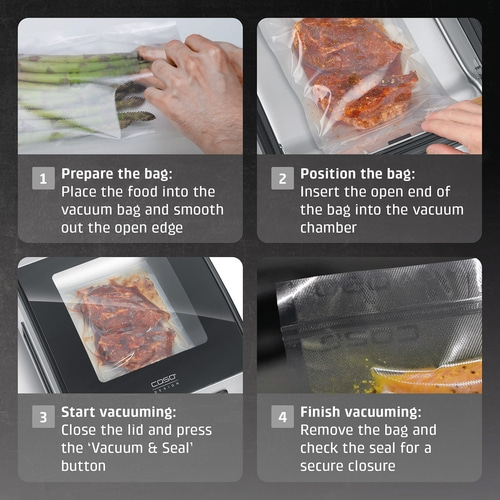 Vacuum sealing process: Prepare, position, start, and finish the bag. Vacuum seal food items.