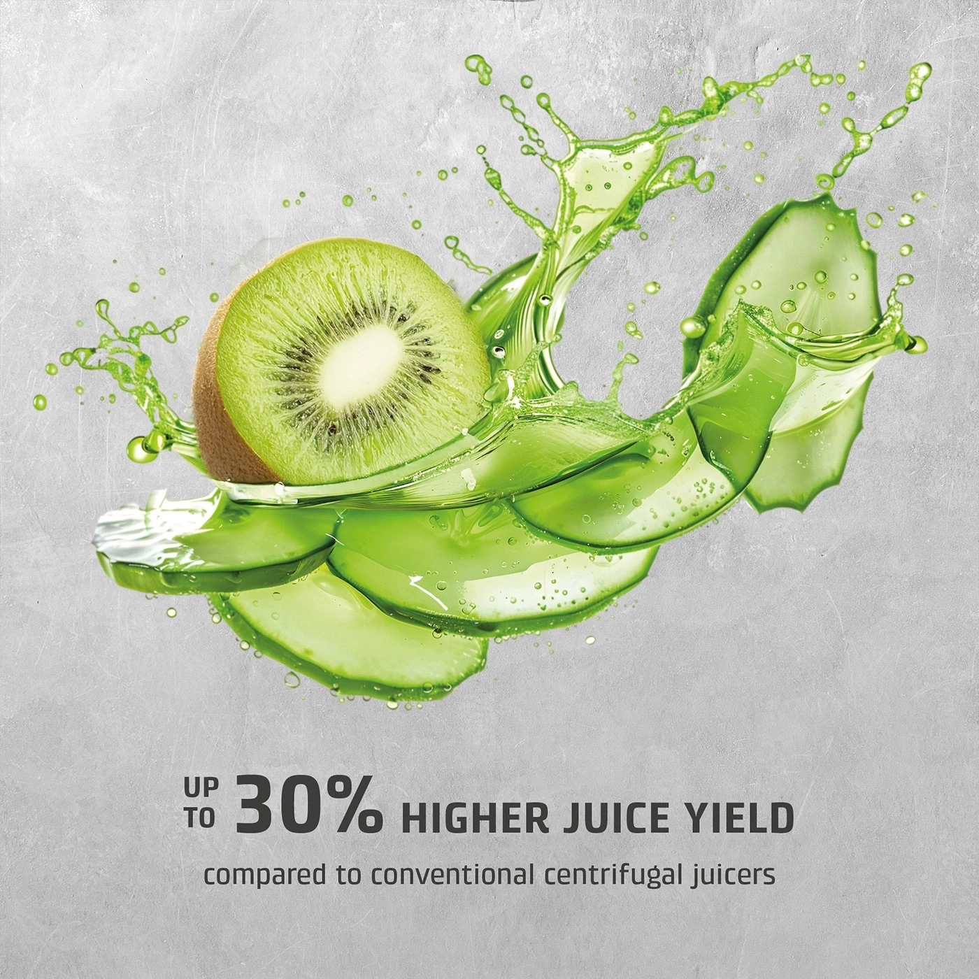 Kiwi and cucumber with juice splashes and text "Up to 30% higher juice yield"