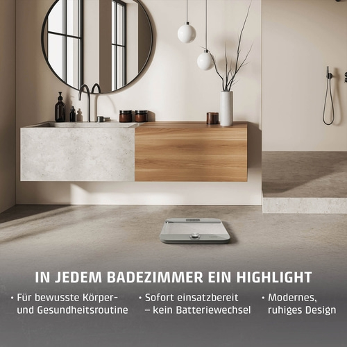 Eine Waage im modernen Badezimmer mit Textüberlagerung.