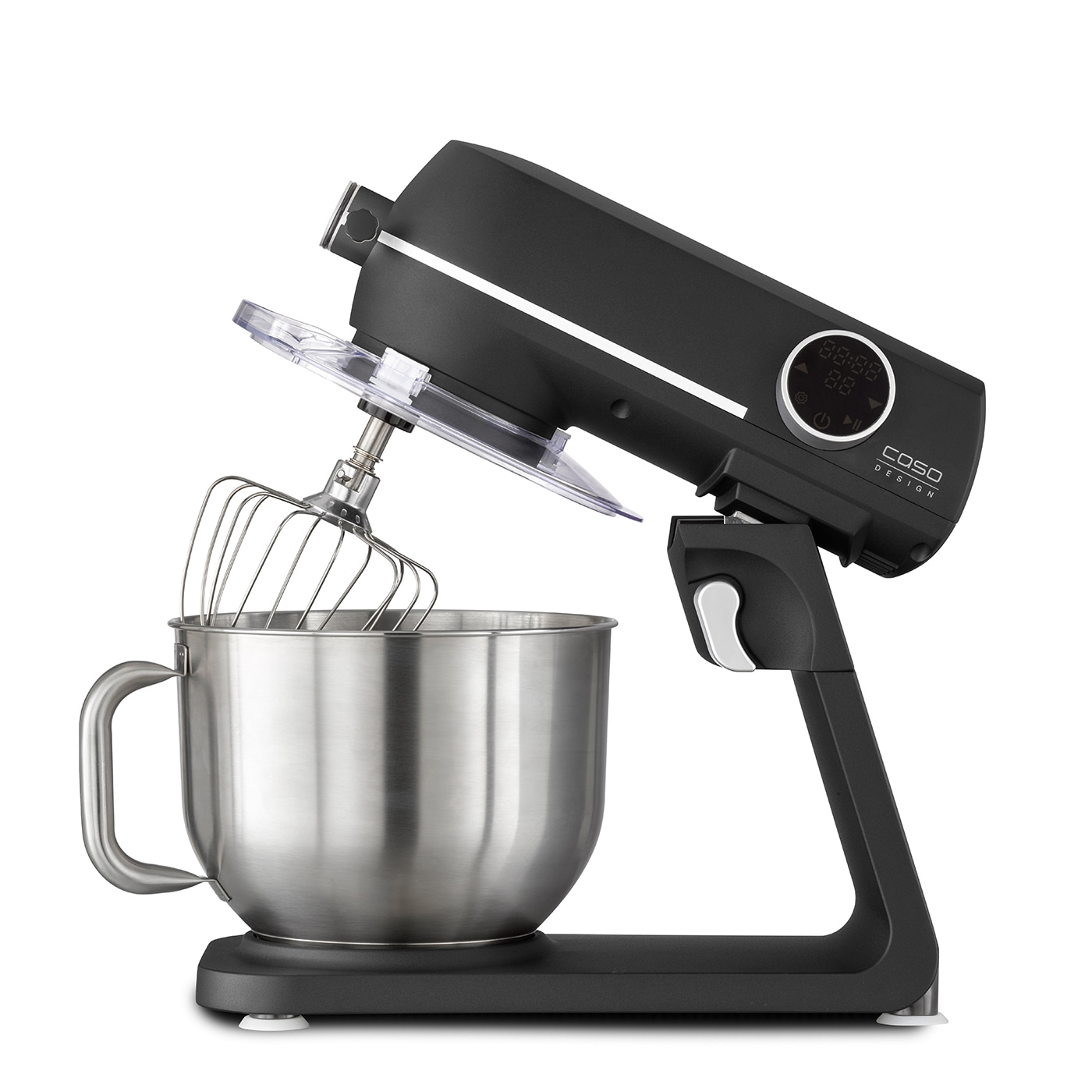 Schwarze Küchenmaschine mit Edelstahl-Schüssel und Schneebesen, Caso Design.