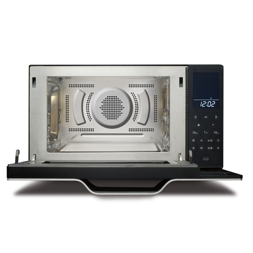 Microwave with open door, interior, control panel, digital display, kitchen appliance