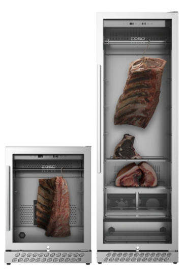 Fleischreifeschrank mit Fleischstücken, Caso, Edelstahl, Innenansicht, Kühlung